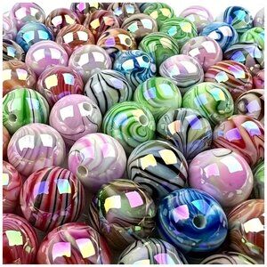 200 Multi-Colored Acrylic Beads Wood Grain Surface High Gloss Multi-Color 8mm